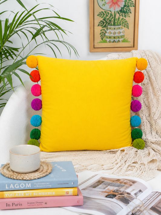 Rainbow Pompom Yellow Cotton Cushion Cover with Lining