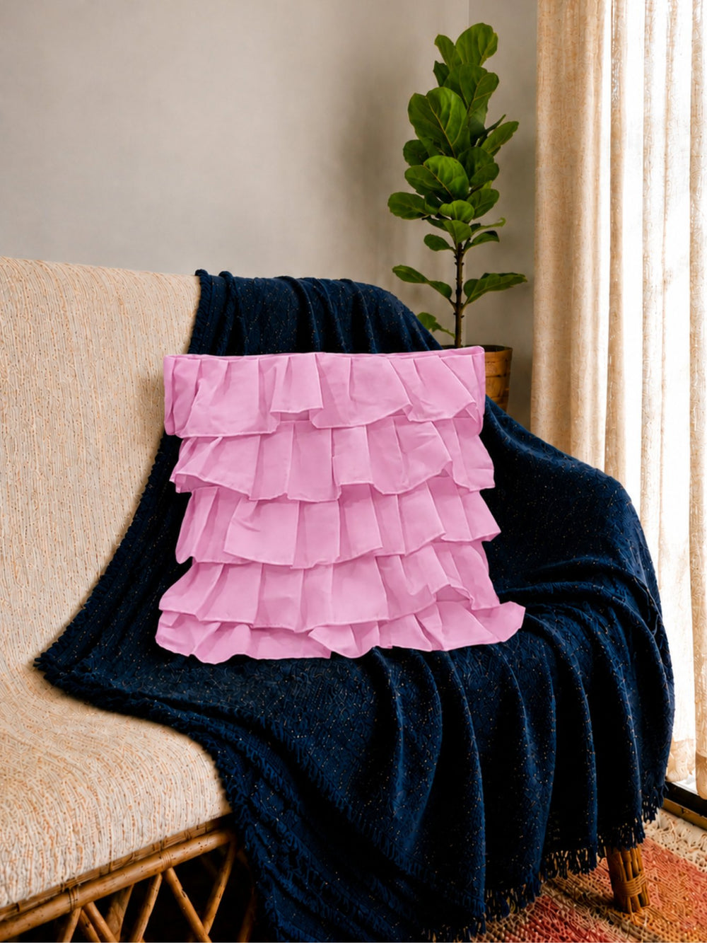 Cotton Ruffle Cushion Cover in Pink - 16x16 Inches with Quality Lining