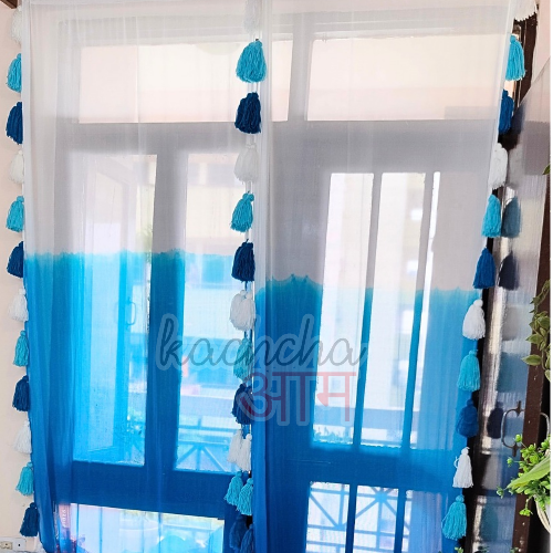 Blue Ombre Dyed Tassel Curtains (Cotton & Sheer)