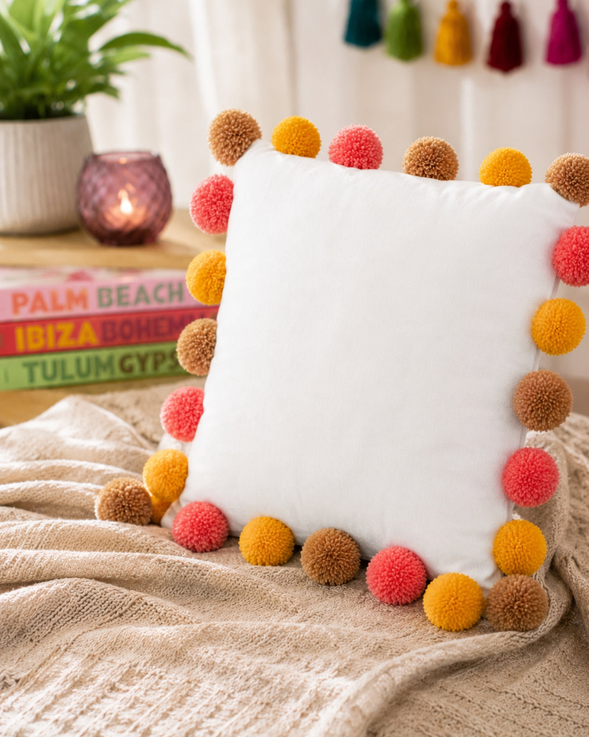 Sunset Pompom White Cotton Cushion Cover with Lining