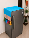 Sky Blue Cotton Slub Solid Fridge Cover with Multicolored Jacquard Fabric Pockets and Rainbow Tassel