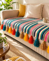 Striped Woven Fabric Sofa cover with Multi Tassels