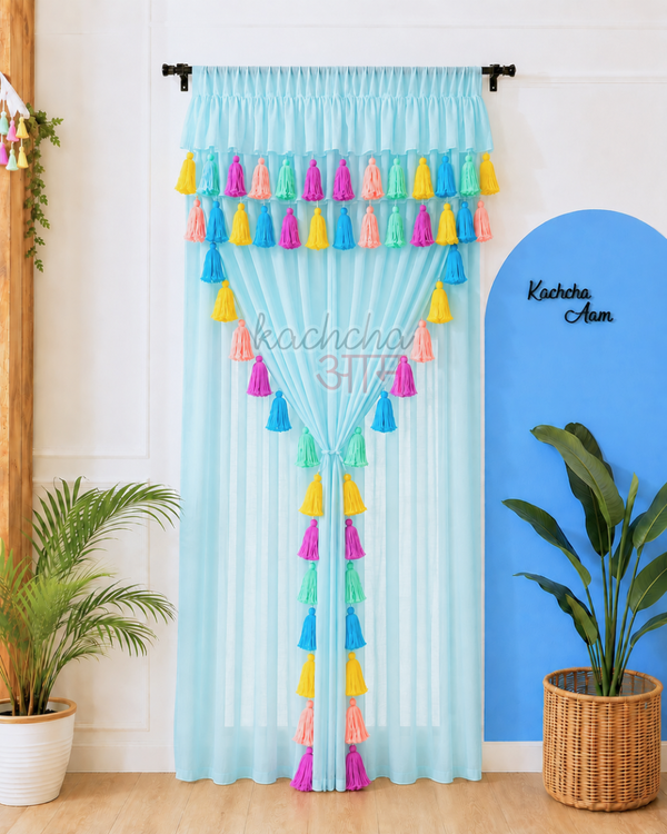 Celestial Tassel Double Layered Sky Blue Curtain with Two Frills on Top