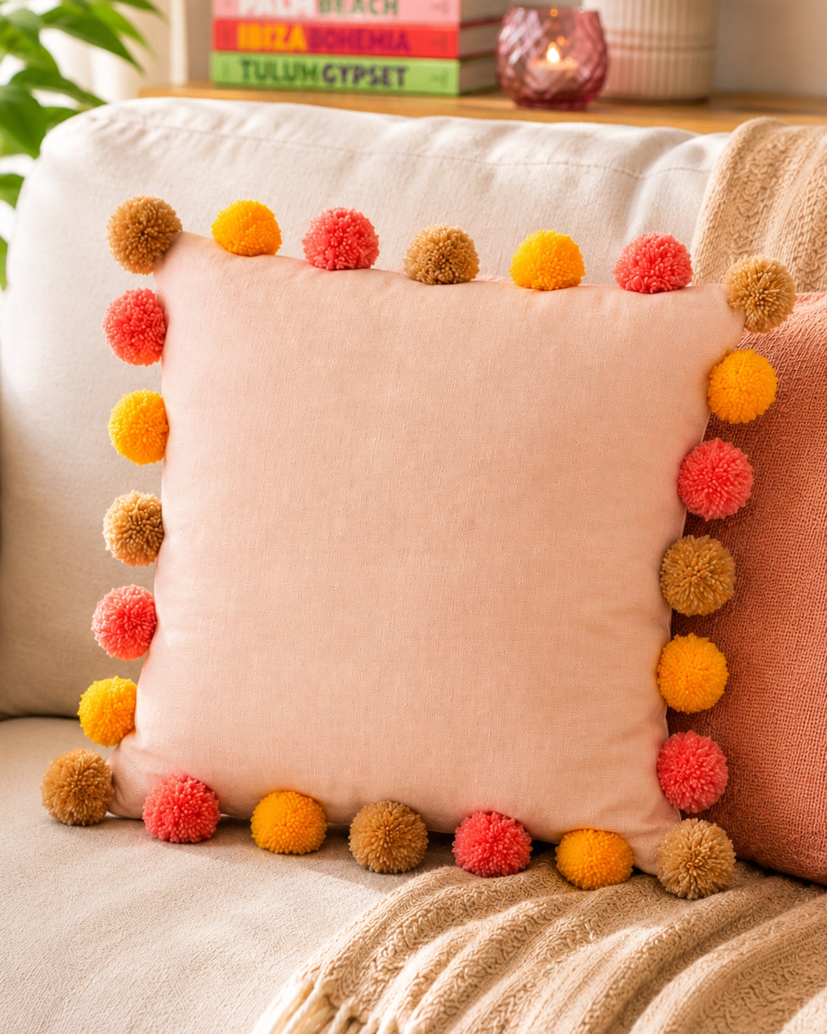 Sunset Pompom Peach Cotton Cushion Cover with Lining