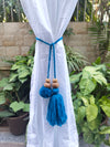 Curtain Tie Backs Navy Pompom & Tassel with Wooden Beads (Set of 2)