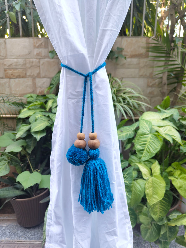 Curtain Tie Backs Navy Pompom & Tassel with Wooden Beads (Set of 2)
