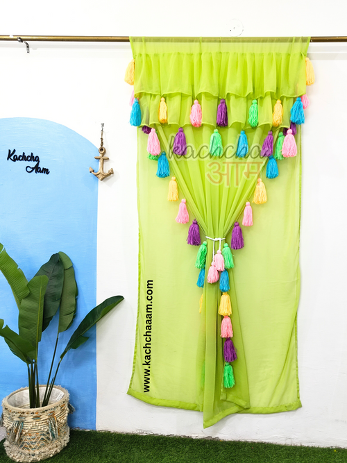 Celestial Tassel Double Layered Pista Green Curtain with Two Frills on Top