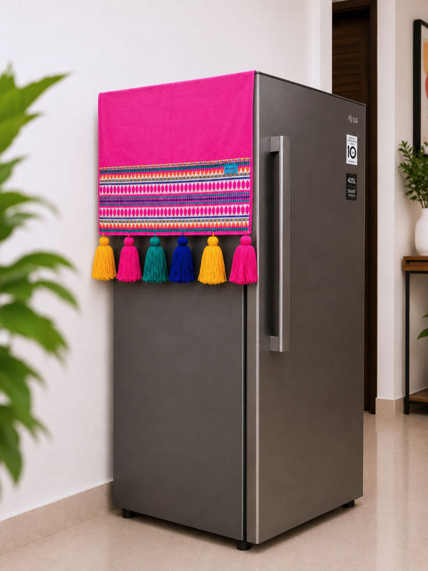 Magenta Cotton Slub Solid Fridge Cover with Magenta Jacquard Fabric Pockets & Multi Tassels