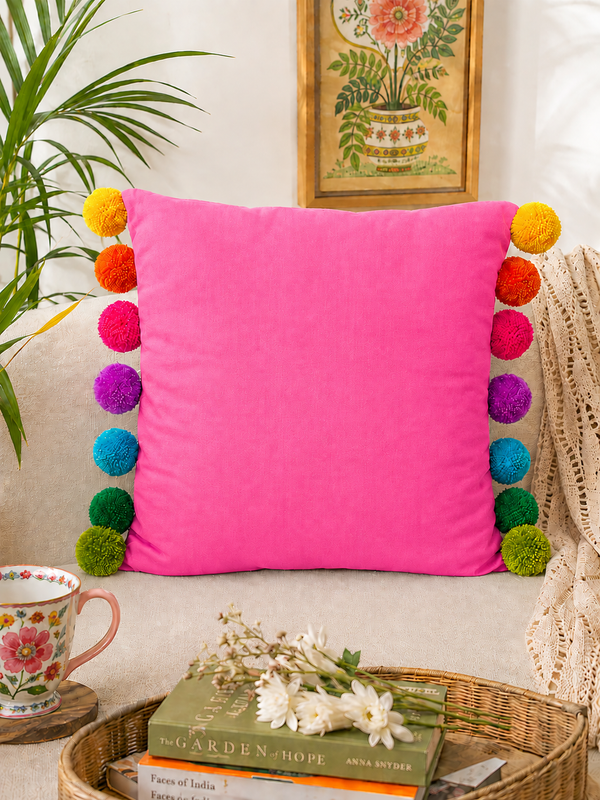 Rainbow Pompom Pink Cotton Cushion Cover with Lining