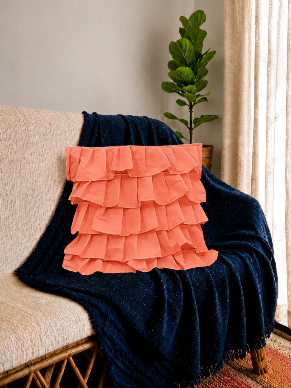 Cotton Ruffle Cushion Cover in Coral - 16x16 Inches with Quality Lining