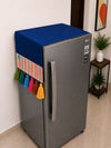 Navy Blue Cotton Slub Solid Fridge Cover with Multicolored Jacquard Fabric Pockets and Rainbow Tassel