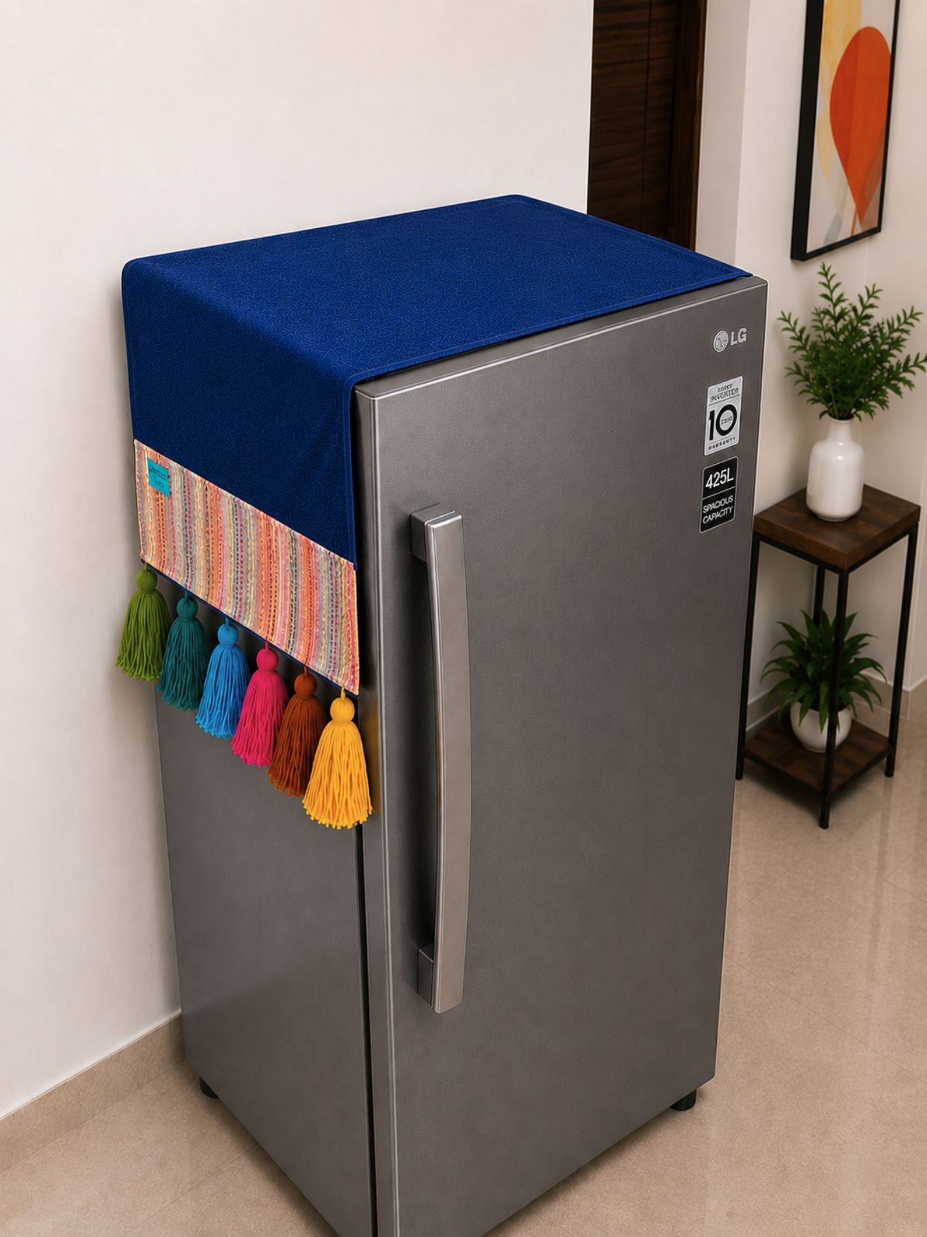Navy Blue Cotton Slub Solid Fridge Cover with Multicolored Jacquard Fabric Pockets and Rainbow Tassel