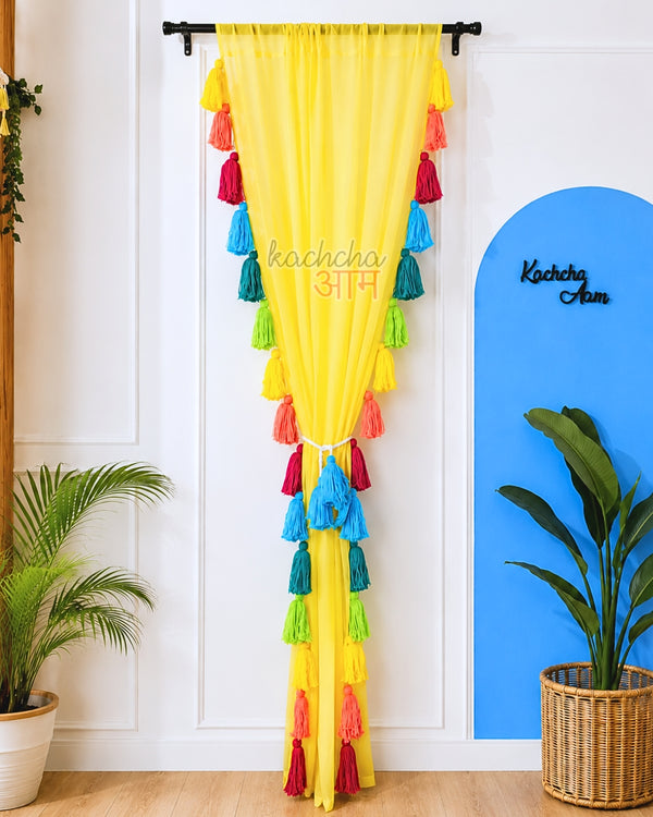 Gulbahar Tassel Lemon Yellow Curtains (Cotton & Sheer)