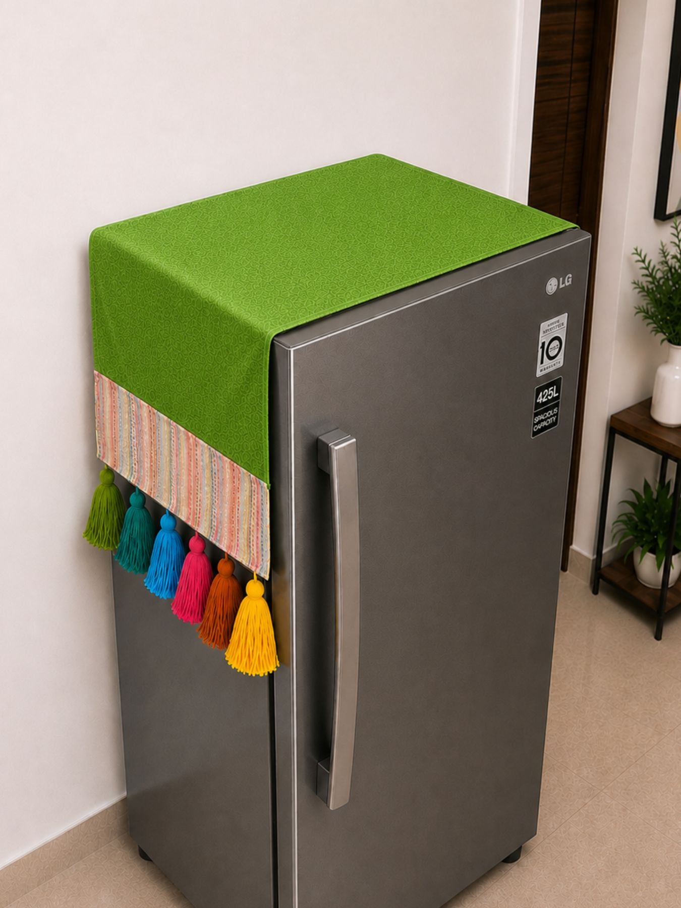 Green Cotton Slub Solid Fridge Cover with Multicolored Jacquard Fabric Pockets and Rainbow Tassel