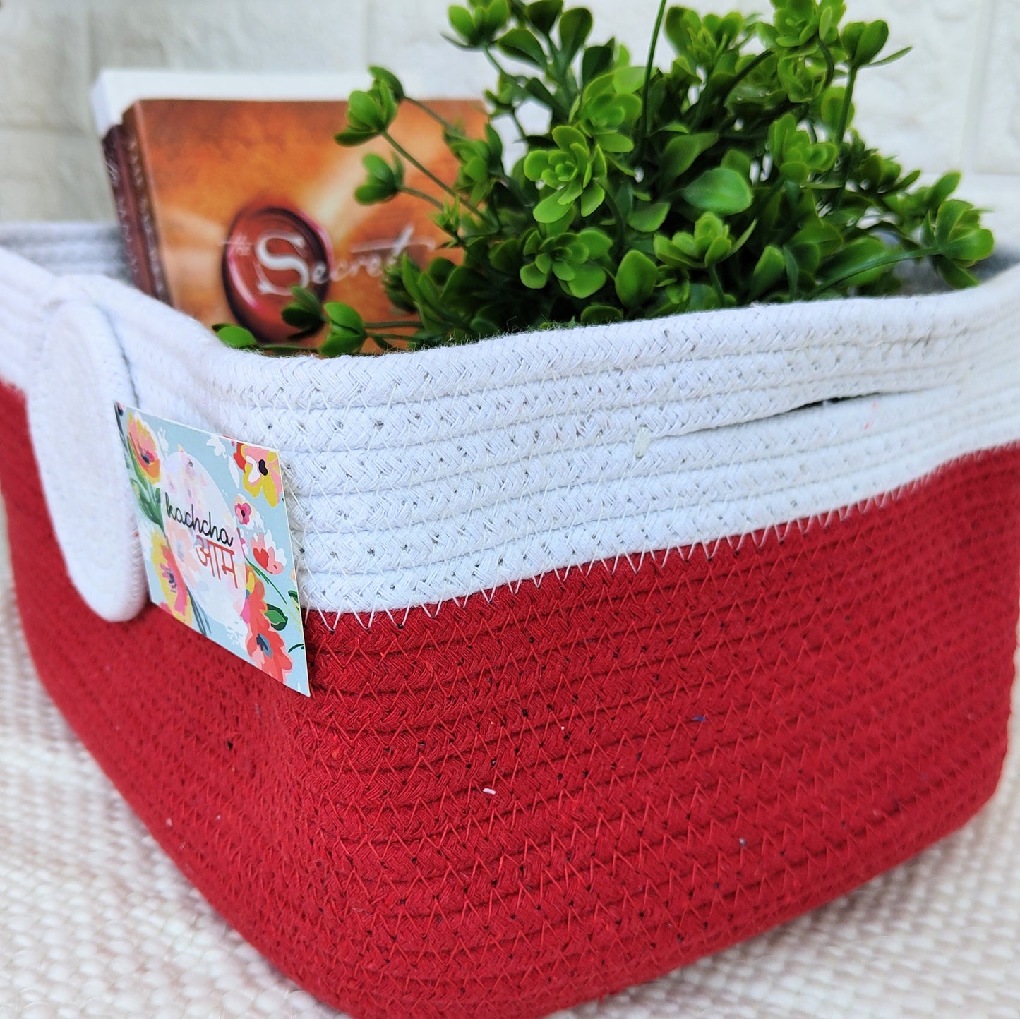 Red & White Rectangle Cotton Rope Organizer Basket