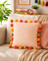 Sunset Pompom Peach Cotton Cushion Cover with Lining