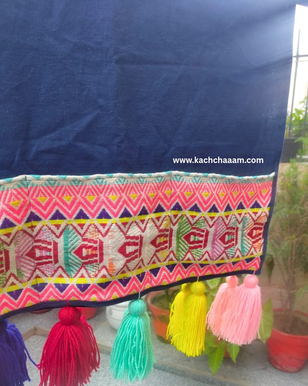 Navy Cotton Slub Solid Fridge Cover with Neon Yellow Jacquard Fabric Pockets & Neon Tassels