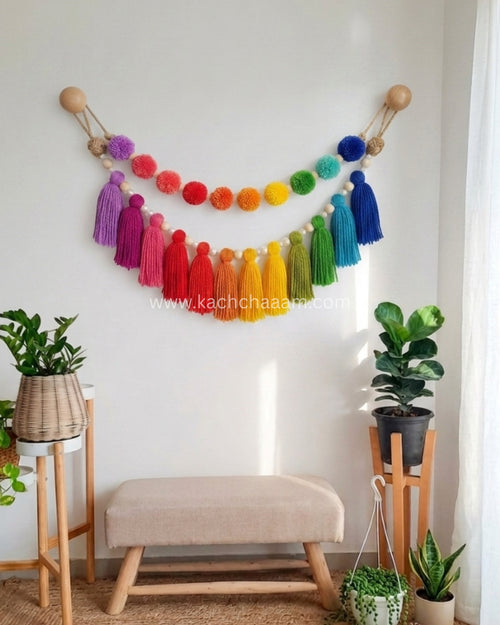 2 Layered Pompom and Tassel Wool Bunting Wall Decor