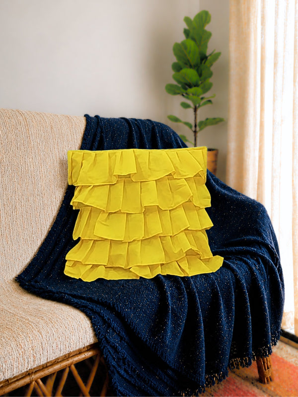 Cotton Ruffle Cushion Cover in Yellow - 16x16 Inches with Quality Lining