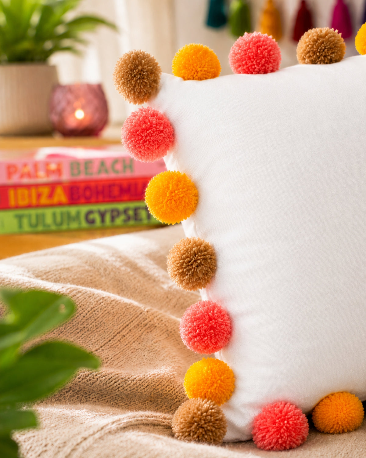 Sunset Pompom White Cotton Cushion Cover with Lining