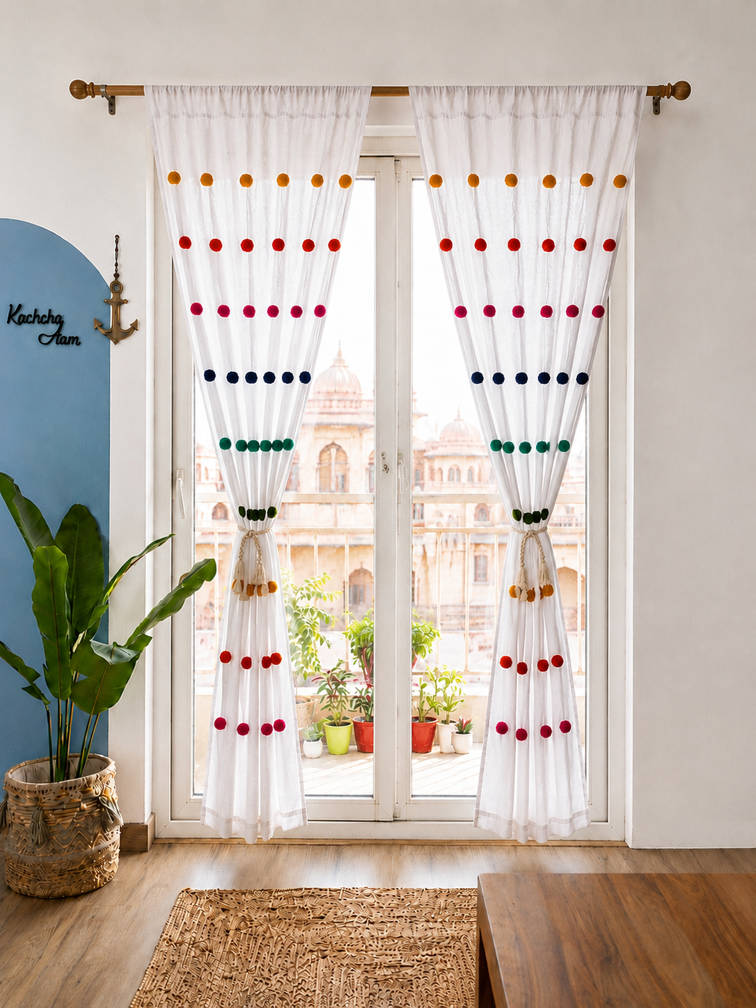 Rainbow Pompom White Curtains