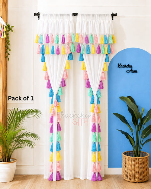 Celestial Tassel Double Layered White Curtain with Two Frills on Top