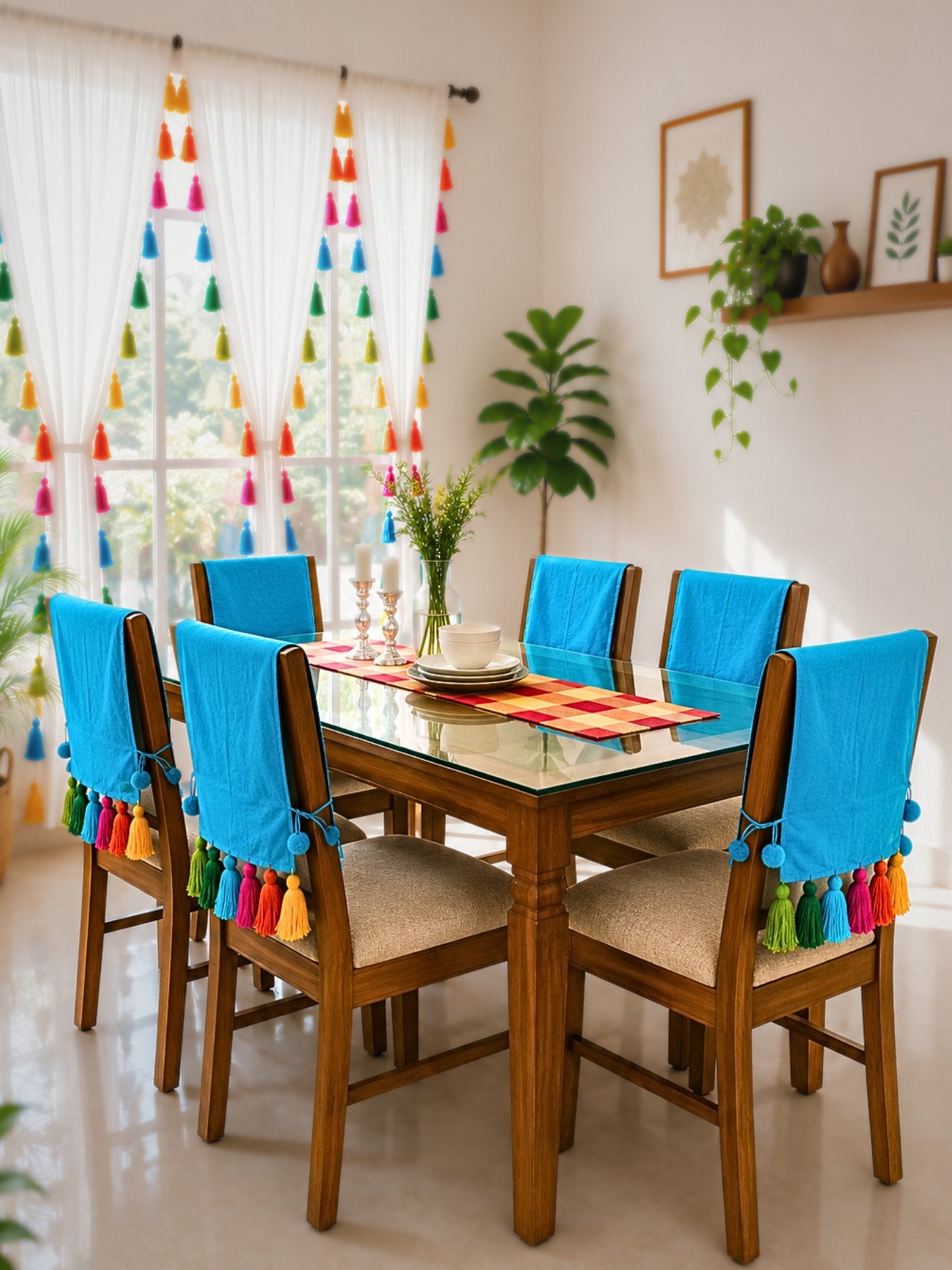Sky Blue Cotton Slub Chair Cover with Rainbow Tassels