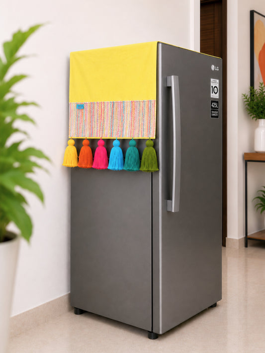 Yellow Cotton Slub Solid Fridge Cover with Multicolored Jacquard Fabric Pockets and Rainbow Tassel