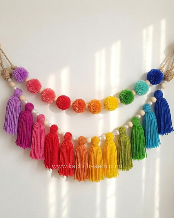 2 Layered Pompom and Tassel Wool Bunting Wall Decor