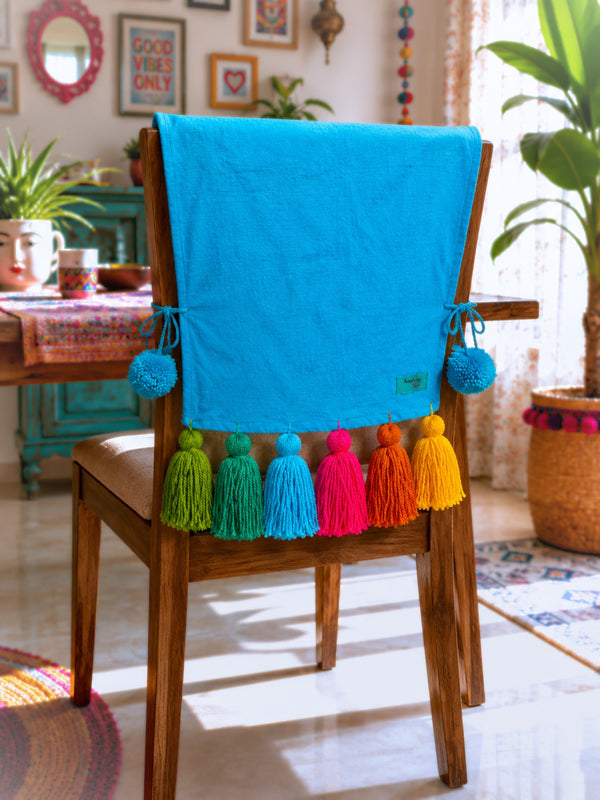Sky Blue Cotton Slub Chair Cover with Rainbow Tassels