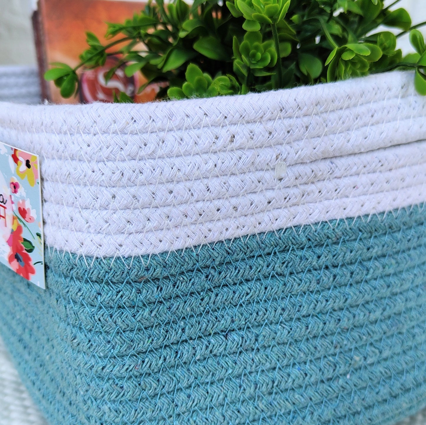 Blue & White Rectangle Cotton Rope Organizer Basket