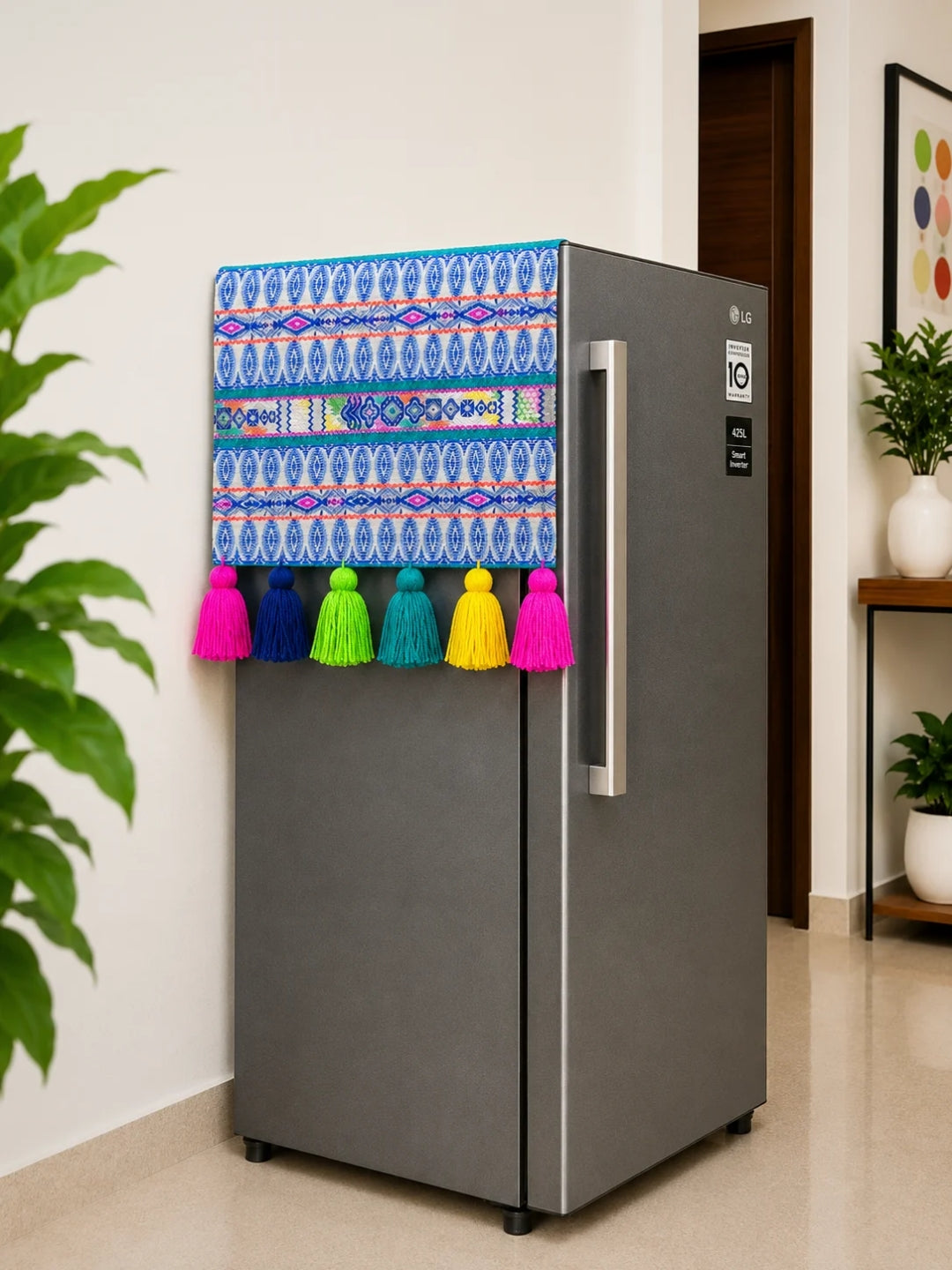 Blue Motif Fridge Cover without Pockets & Multi Tassels