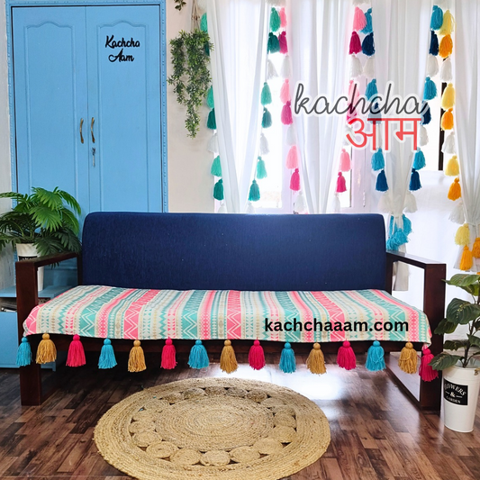 Jacquard Fabric Thick Polyester Sofa cover with Pink Blue Beige Tassels