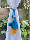 Curtain Tie Backs Yellow Navy Pompom & Tassel with Wooden Beads (Set of 2)