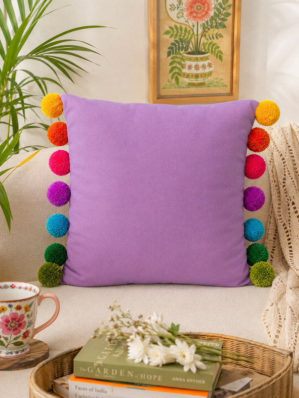 Rainbow Pompom Lavender Cotton Cushion Cover with Lining