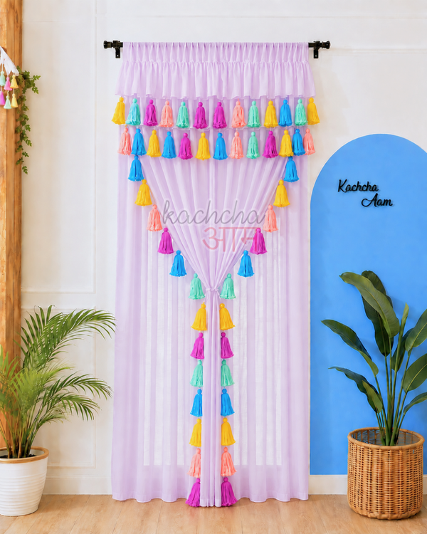 Celestial Tassel Double Layered Lavender Curtain with Two Frills on Top