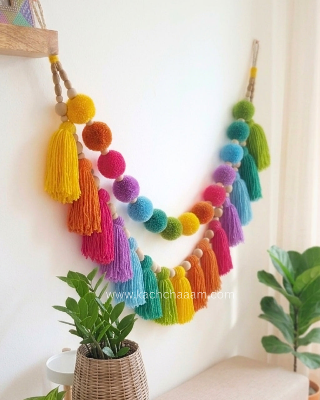 2 Layered Rainbow Pompom and Tassel Wool Bunting Wall Decor