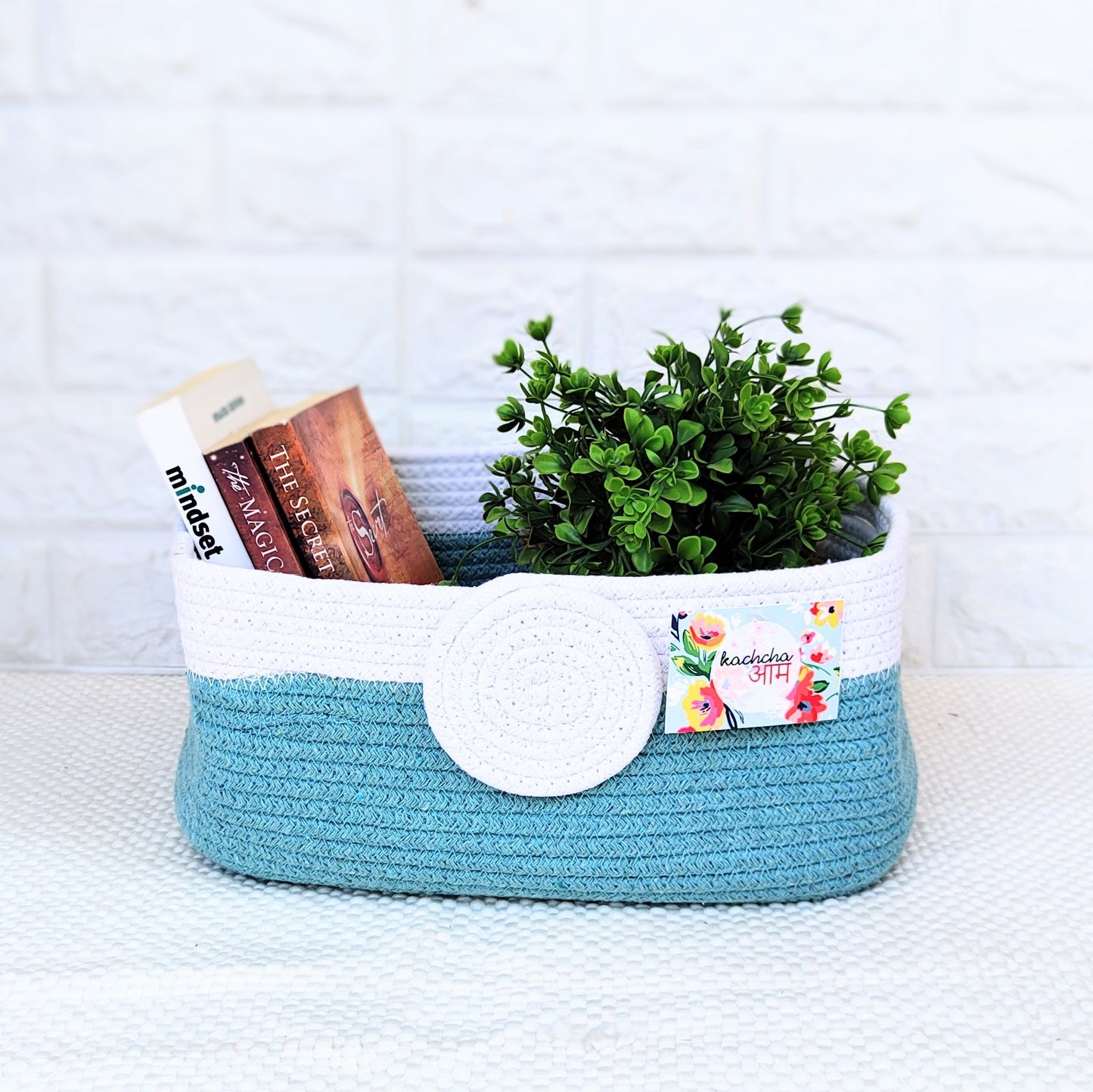 Blue & White Rectangle Cotton Rope Organizer Basket