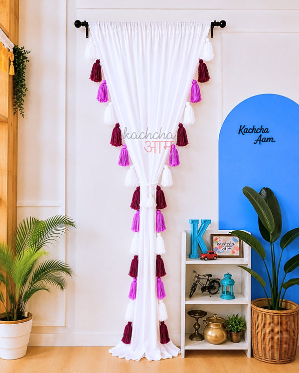 Purple Lavender Ombre Tassels White Curtains (Cotton/Sheer)