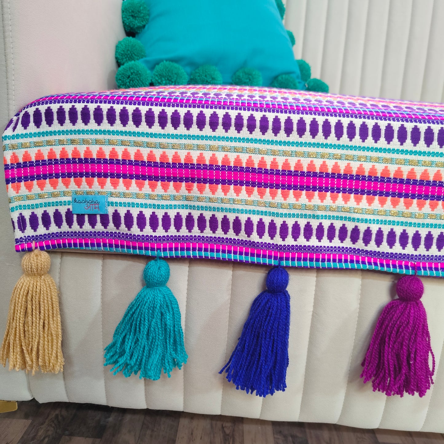 Purple Jacquard Woven Fabric Sofa cover with Multi Tassels