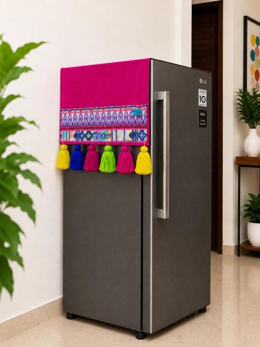 Magenta Cotton Slub Solid Fridge Cover with Purple Jacquard Fabric Pockets & Multi Tassels