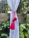 Curtain Tie Backs White Pink Pompom & Tassel with Wooden Beads (Set of 2)