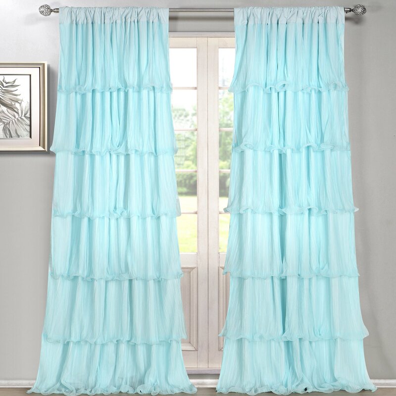 Sky Blue Cotton Full Ruffle Curtains