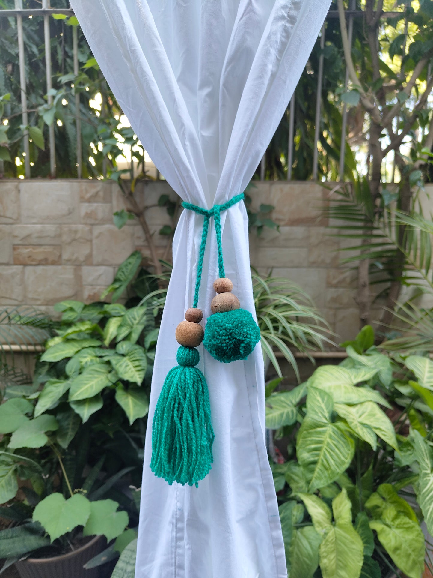 Curtain Tie Backs Sea Green Pompom & Tassel with Wooden Beads (Set of 2)
