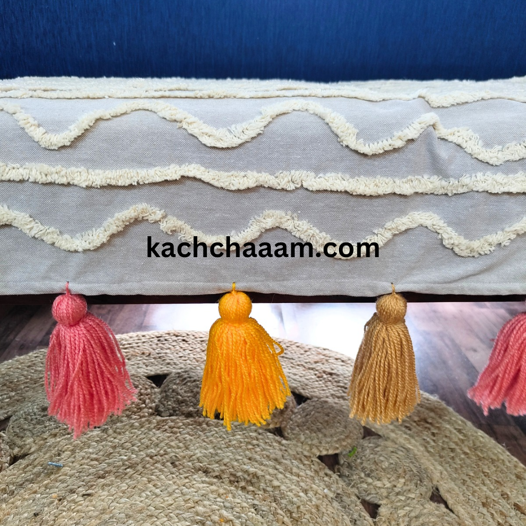 Grey Cotton Tufted Sofa Cover with Sunset Bliss Tassels