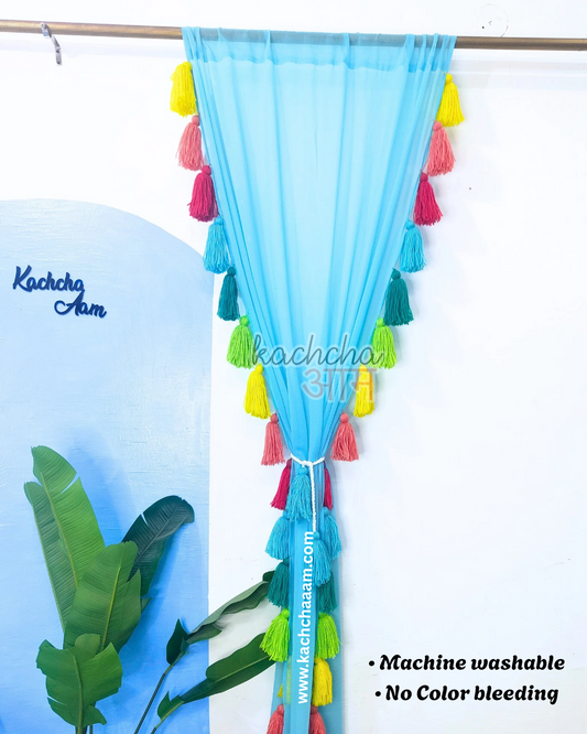 Gulbahar Tassel Sky Blue Curtains (Cotton & Sheer)