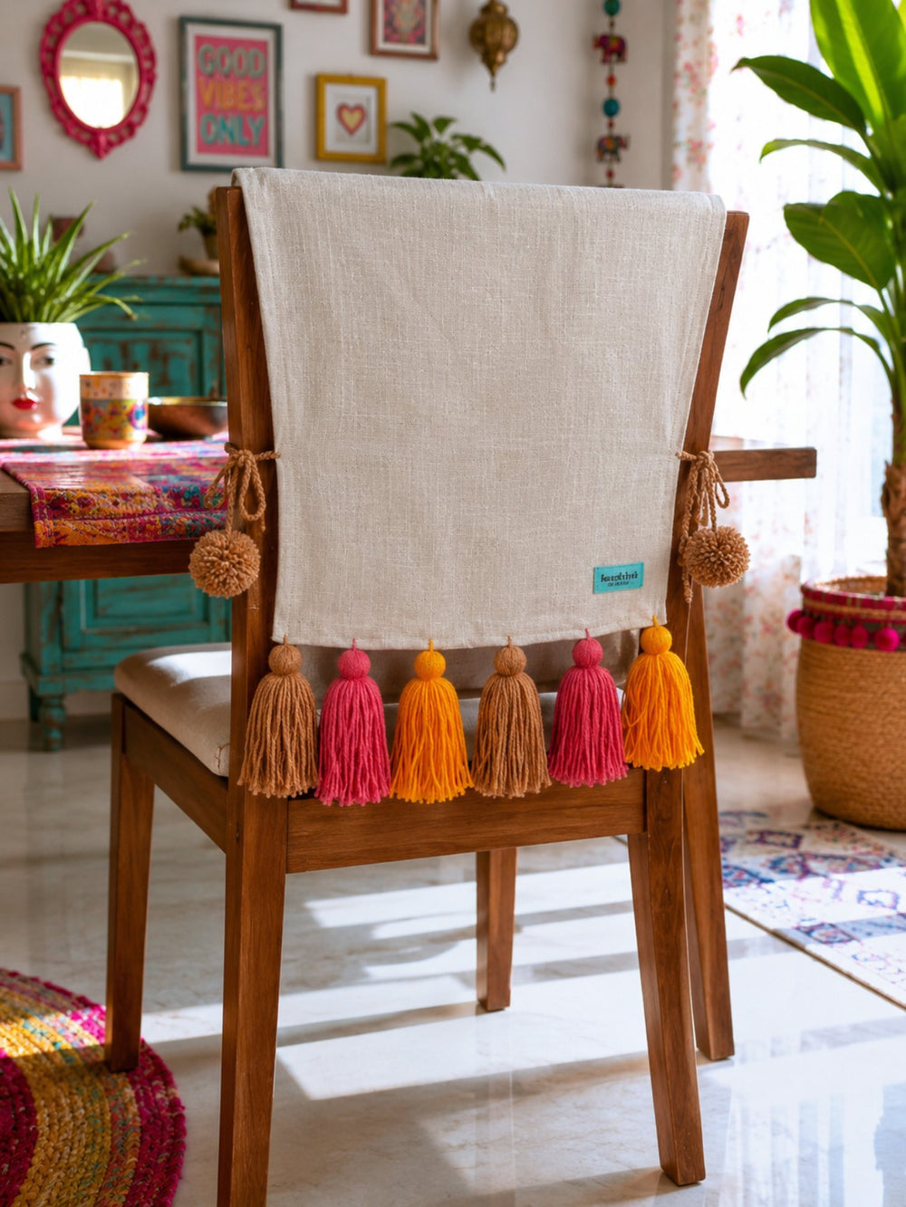 Natural Cotton Slub Chair Cover with Sunset Tassels