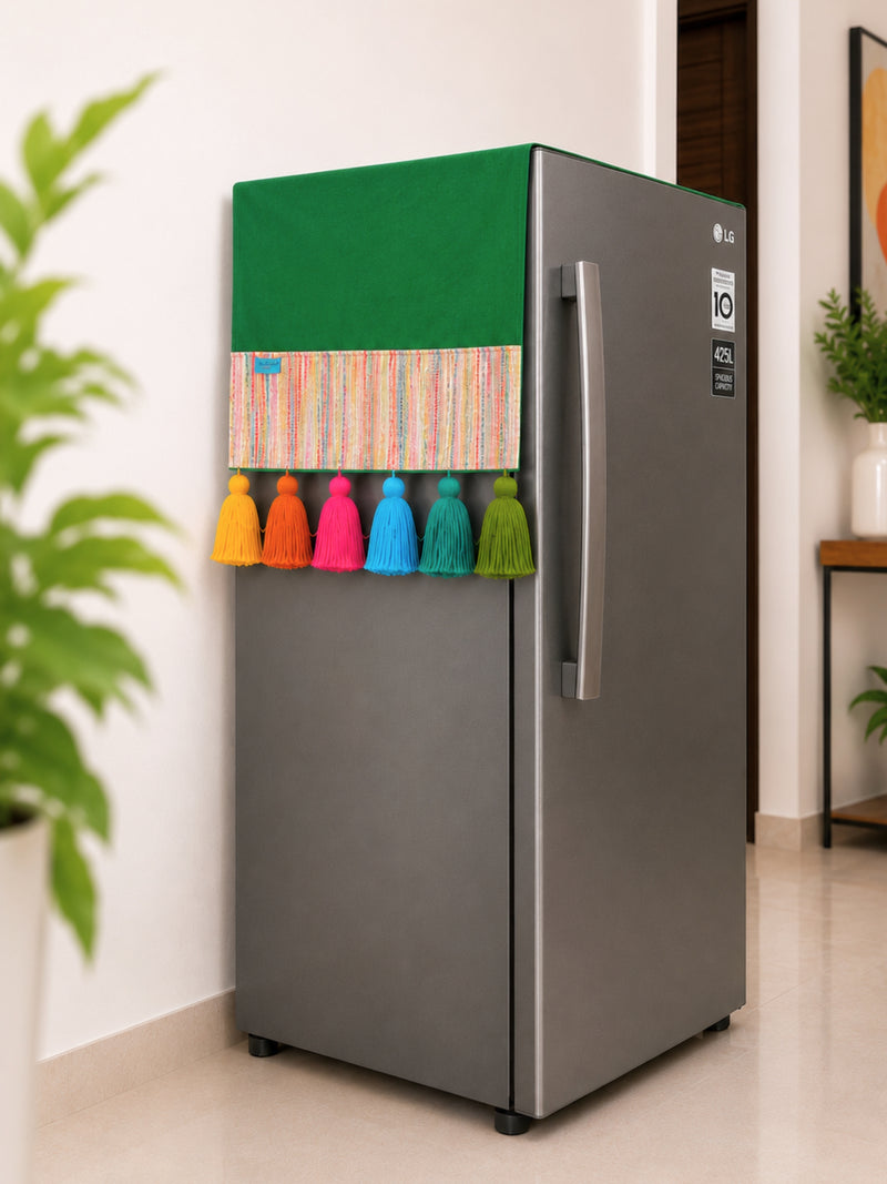 Green Cotton Slub Solid Fridge Cover with Multicolored Jacquard Fabric Pockets and Rainbow Tassel
