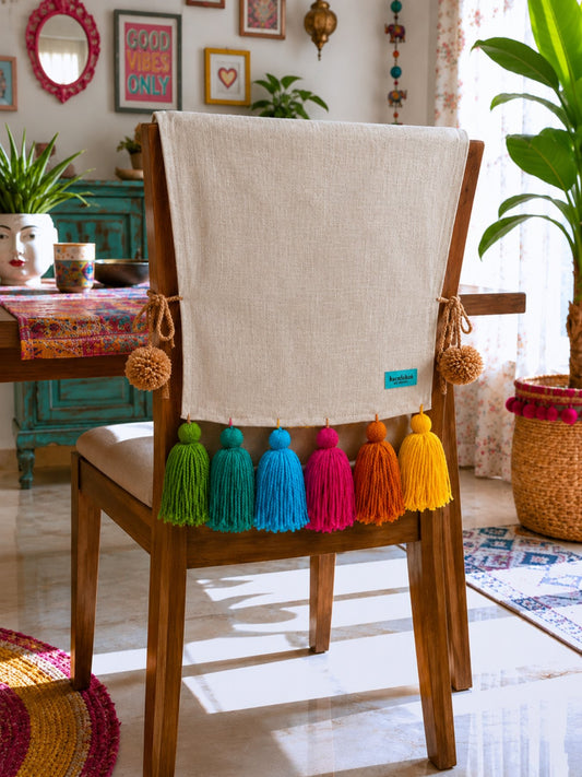 Natural Cotton Slub Chair Cover with Rainbow Tassels
