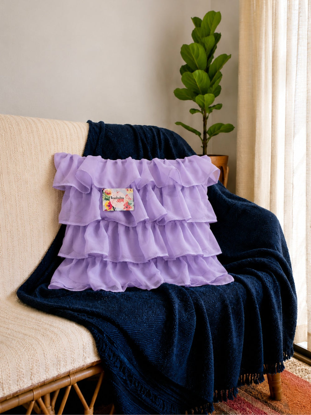 Georgette Ruffles Cotton Cushion Cover in Lavender - 16x16 Inches with Quality Lining